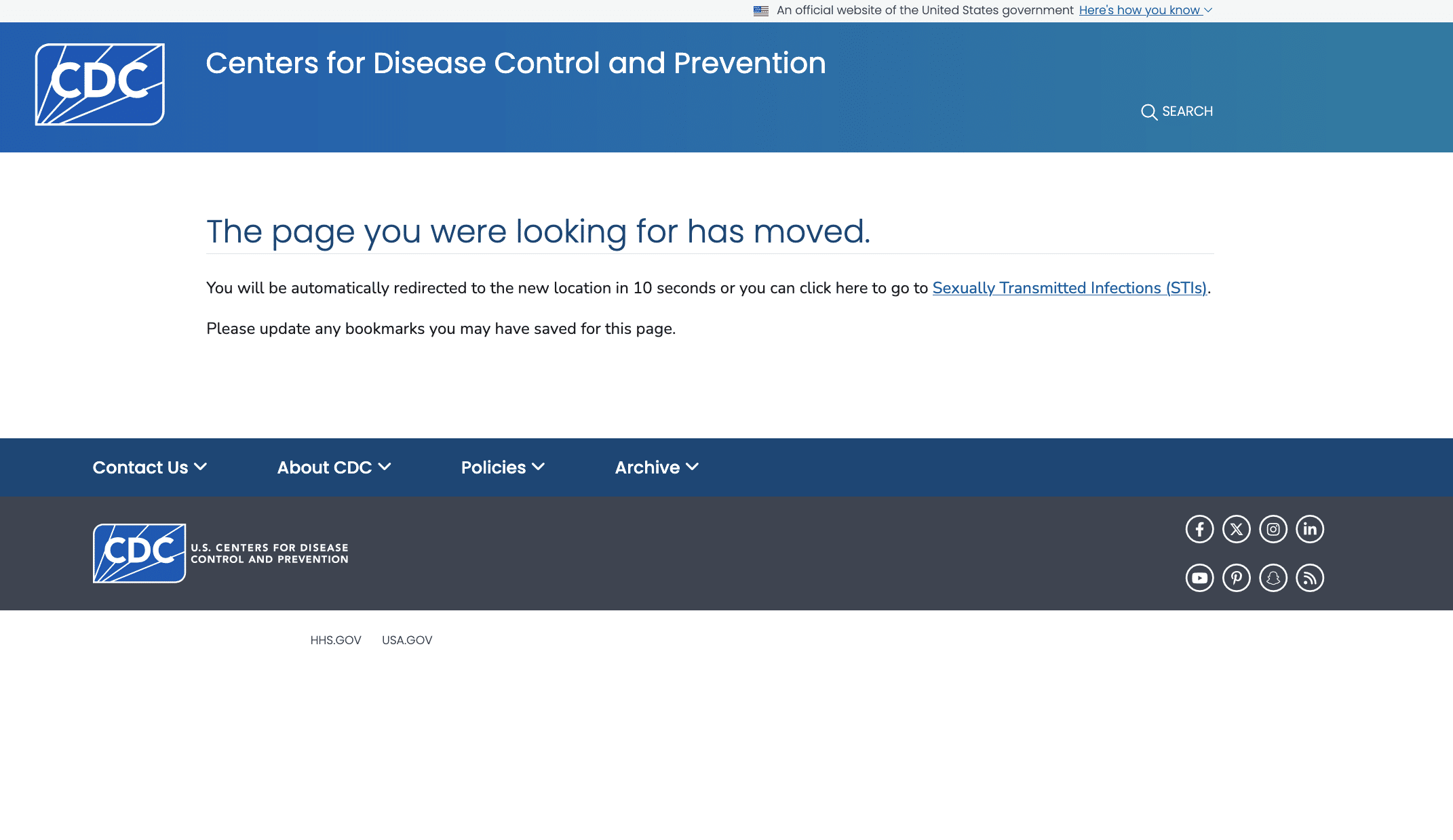 A screenshot of the CDC's "Transgender and Gender Diverse Persons" page as of evening Jan. 31. It reads "The page you were looking for has moved. You will be automatically redirected to the new location in 10 seconds or you can click here to go to Sexually Transmitted Infections (STIs). Please update any bookmarks you may have saved for this page." 